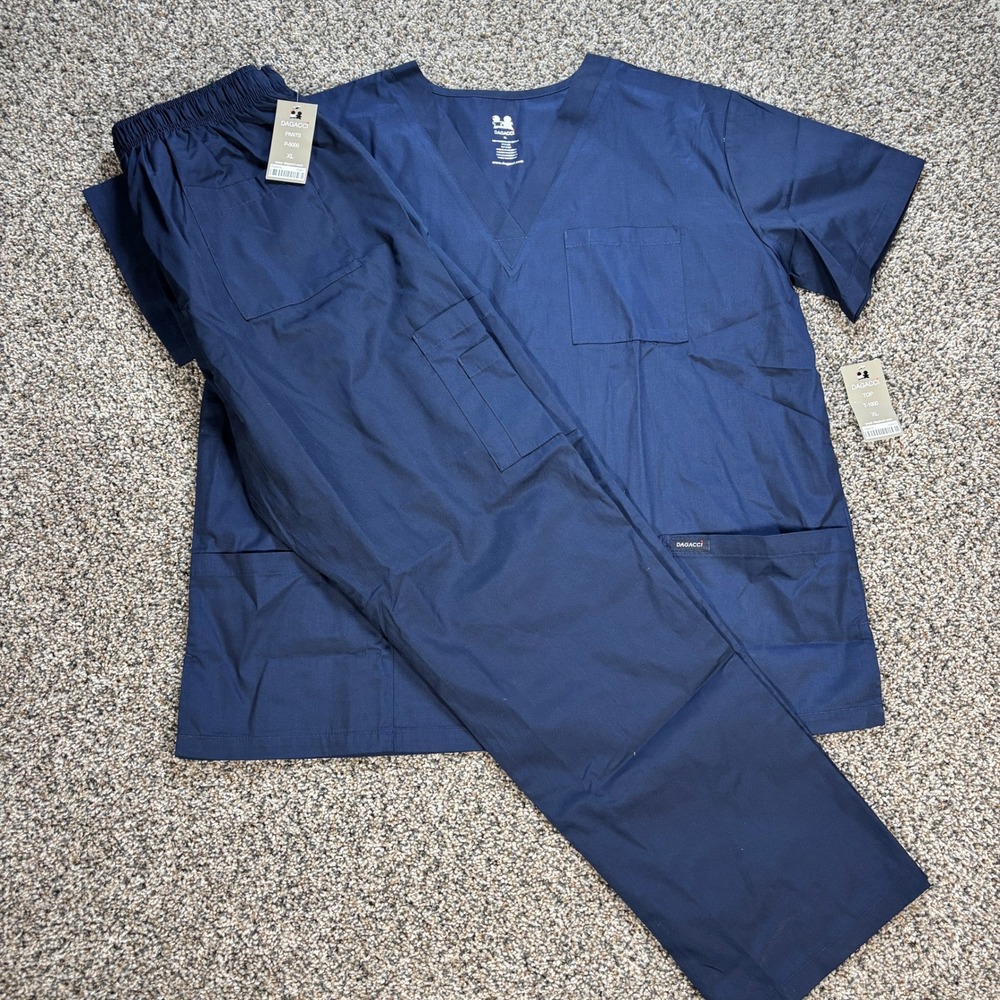 Dagacci Unisex Scrub Set Navy Blue V-Neck Top Cargo Pants XL STY 1000 P-3000